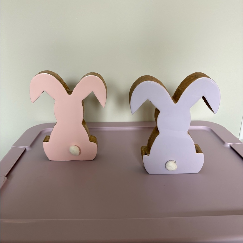 Set of 2 Pastel Bunny Shelf Decor - Pink and Lavender Wooden Bunnies